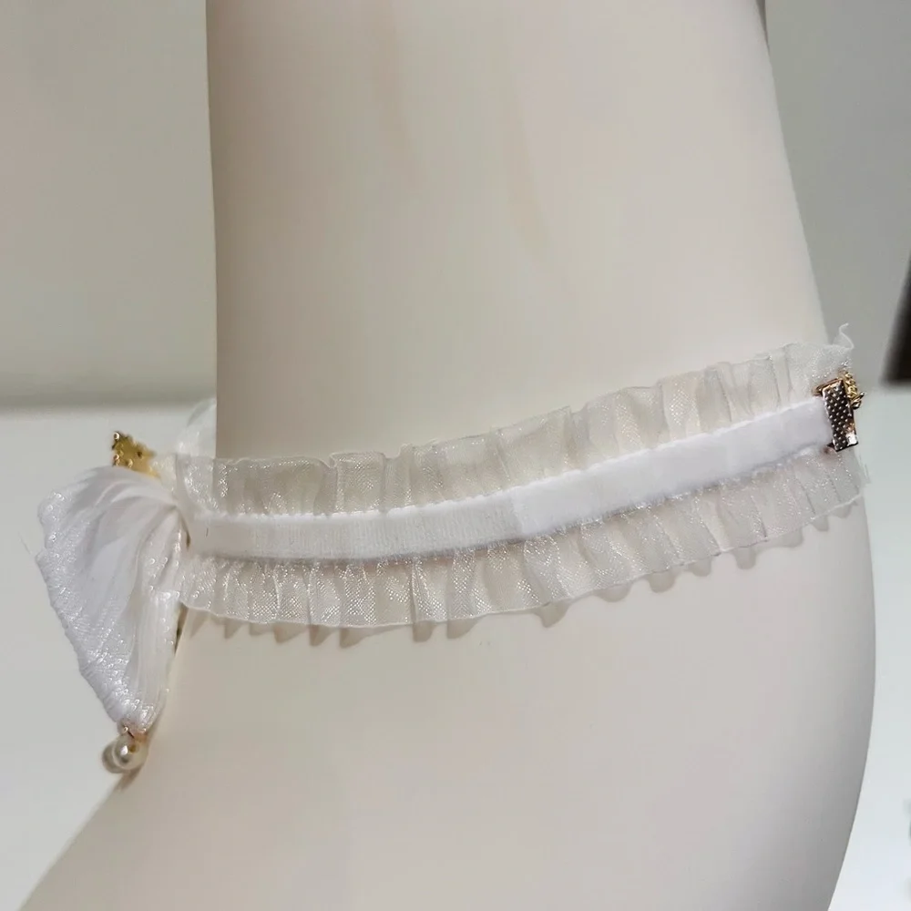 White Lolita Lace Mesh Bow Inlaid Gold Hardware Vintage Dangle Choker Necklace - Picture 6 of 6